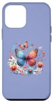 Coque pour iPhone 12 mini Illustration inspirée de la nature avec papillon coloré et floral bleu