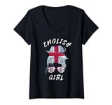 Womens English Girl Messy Bun England Flag UK Roots Great Britain V-Neck T-Shirt