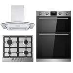 Cookology Built-in Tall Double Oven, Stainless Steel Gas Hob & Curved Glass Hood Pack