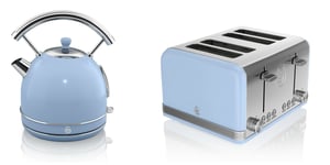 NEW Swan Kitchen Appliance Retro Set - BLUE 1.7 Litre Dome Kettle & BLUE Retro Stylish 4 Slice Toaster Set