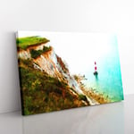 Big Box Art Lighthouse by The Coast Painting Canvas Wall Art Print Ready to Hang Picture, 76 x 50 cm (30 x 20 Inch), White, Gold, Grey