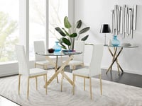 Novara 100cm Round Tempered Glass Dining Table with Gold Legs & 4 Milan Faux Leather Chairs