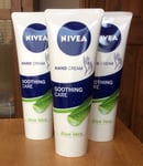 3 x 75ml Nivea Soothing Care Hand Cream With Aloe Vera ~ 24 Hour Moisturisation