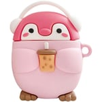 Söt Kawaii Håller Mjölktekopp Njut Av Musik Headset Pingvin Hörlurar Fodral för AirPods 1/2, Mjukt Gummi Silikon -Rosa