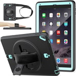 SEYMAC stock iPad 6th/5th Generation Case, iPad Air 2 / Pro 9.7 Inch Shockproof Case with Screen Protector Pencil Holder [360 Degrees Rotating Stand] Hand Strap & Shoulder Strap (Black+Light Blue)
