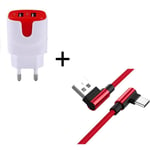 Pack pour JBL FLIP 5 Smartphone Type C (Cable 90 degres Fast Charge + Double Prise Secteur Couleur) - ROUGE