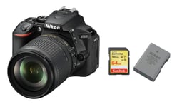 NIKON D5600 reflex 24.2 mpix + Objectif AF-S 18-105MM F3.5-5.6G ED VR (White Box) + 64GB SD card + NIKON EN-EL14A Battery