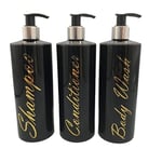 SET OF 3 Shampoo Body Wash Conditioner Black Silver Top Empty Bottles Mrs Hinch Inspired (Gold Writing)
