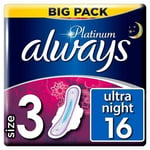 Always Platinum Night Size 3 Sanitary Towels Wings Pads x16
