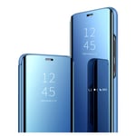 GOGME Coque pour Samsung Galaxy A22 5G, Smart View Miroir Case PC/PU Cuir Etui Flip Cover Translucide Anti-Empreintes Makeup Housse avec Fonction Stand. Bleu