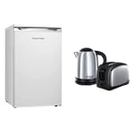 Russell Hobbs RHUCLF2W Freestanding Undercounter Larder Fridge, 111 liters, White, Noise level: decibels 41 & Lincoln Kettle and 2-Slice Toaster 21830 - Polished Stainless Steel Silver, Pack of 2