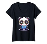 Womens Adorable Book Lover Panda With Reading Glasses Cute V-Neck T-Shirt
