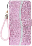 Tiyoo Phone case for Samsung A20E Flip Case Bling Glitter Sparkle Case, 3D Sequins Leather Wallet Cover with Magnetic Closure, Support Stand and Card Slots, with Lanyard Strap (Pink/Rose gold)
