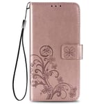 JIAFEI Case Compatible for Nokia 3.4, Four Clover Embossed Premium PU Leather Flip Wallet Cover with Bracket Stand/Card Slot Features, Rose gold