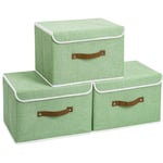 Yawinhe 3 Pack Storage Boxes with Lids Collapsible Linen Fabric Storage Basket Bins for Towels, Books, Toys, Clothes etc. (Green, 38x25x25cm)
