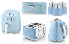 SWAN Retro Blue Kitchen Set of 7 -Kettle Toaster 6L Air Fryer Breadbin Canisters