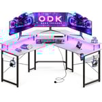 ODK Bureau avec LED, Bureau d'angle Gaming avec Prises et Ports USB, Bureau Gaming Angle avec Support pour Moniteur, Blanc, 129x129 cm