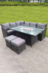 High Back Corner Rattan  Sofa Gas Fire Pit Gas Heater Dining Table Sets 8 Seater 2 Small Footstools