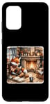 Galaxy S20+ Fox Reads By Fireplace In Cabin. Rustic Book Cozy Cup Tea Case