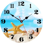 VIKMARI Summer Beach Wall Clock, Starfish Seashell Pattern Blue Ocean, Round Wooden Decorative Clocks, 14 Inch Silent Non Ticking Easy to Read for Home Office School