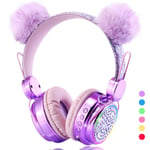 KORABA Kids Headphones Bluetooth, LED Lights Color Change Wireless Girls Headphones for Girls/Boys/Xmax Gift/Online Classes (Purple Bear)