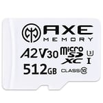 Axe Carte mémoire MicroSDXC 512 Go + Adaptateur SD avec A2 Performance, V30, UHS-I U3, 4K