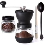 Manual Coffee Grinder Adjustable Coarseness Ceramic Mill Hand Coffee Mill with Two Glass Jars & Brush & Tablespoon Scoop for Home Office and Travelling