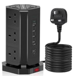 Tower Extension Lead 3M, AUOPRO 9 Gang Extension Tower with 5 USB Slots(1 USB C/18W Fast Charging), Black Power Strip, Multi Plug Desktop Power Socket, Long Cord for Computer PC Tablets Mobile Devices