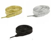 Wide Glitter Shoelaces Metallic Fancy Sparkly Laces Silver, Black Gold=3 Pair