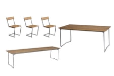 Grythyttan Stålmöbler B31 matgrupp Teak/galvat 3 stolar, bänk 170 cm & bord 170 x 92 cm