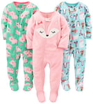 Simple Joys by Carter's Baby Girls' 3-Pack Loose Fit Flame Resistant Fleece Footed Pajamas Toddler Sleepers, Blue Penguin/Green Pig/Pink Fox, 18 Months (Pack of 3)