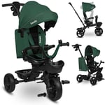LIONELO Kori 2en1 tricycle bébé évolutif de 1,5 jusqu'à 25 kg, siège rotatif à 360 degrés, roue libre dossier réglable, porte-gobelet, sac fermé, 2 paniers spacieux (Vert)