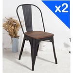 Lot de 2 chaises en métal noir mat et assise en bois foncé - Style industriel - Kosmi