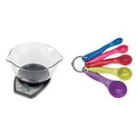 Salter 1024 SVDR14 Dual Pour Electronic Scale with Mixing Bowl, Wide/Narrow Spouts, 2 Litre Bowl, Silver & Colourworks Measuring Spoon Set, 5 Spoons for Measuring Food, Durable, Bright Colours