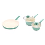 GreenLife Soft Grip Healthy Ceramic Non-Stick 3 Piece Cookware Set, 30 cm Frying Pan Skillet, 15 cm Saucepan with Lid, 18 cm Saucepan with Lid, PFAS-Free, Dishwasher Safe, Oven Safe, Turquoise