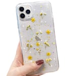 L-FADNUT Dried Flower Phone Case for iPhone 11 Pro Glitter Sparkly Star Case Girls Silicone Gel Shockproof Clear Flower Floral Cute Pressed Flower Case for iPhone 11 Pro Yellow