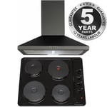 SIA 60cm Black 4 Zone Solid Plate Hob And Chimney Cooker Hood Kitchen Extractor