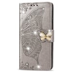 A22 5G Phone Case Samsung, Cute Glitter Bling Shockproof Folio Flip PU Leather Wallet Cover Butterfly with Card Slot Stand Silicone Bumper Case for Samsung Galaxy A22 5G Case Girls, Grey