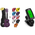 TIGER UKE7-PP Soprano Ukulele for Beginners includes Gig Bag, Felt Pick, Spare Set of Strings Now Equipped with Aquila Strings Purple & T-47 Clip-On Digital Chromatic Tuner, Violin Black
