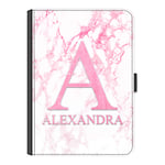 Personalised Initial Case For Apple iPad Pro 12.9 (2020) (4th Gen) 12.9 inch, Pink White Marble Print with Initial and Name, 360 Swivel Leather Side Flip Folio Cover, Marble Ipad Case with Initials