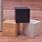 Wood Cube Clock Led Alarm Voice Control Digital Desk Bedside Woo Black