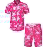 Herr Hawaiian skjorta och shorts set Regular Fit kortärmad casual funky strand Flamingo skjorta set L Pink