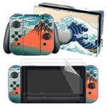 eXtremeRate The Great Wave Decals Stickers Full Set Faceplate Skin +2Pcs Screen Protector for Nintendo Switch Console & Joy-con Controller & Dock Protection Kit