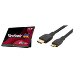Viewsonic VA1655 47 cm (16 Inch) Portable Monitor (Full HD, IPS Panel, Mini-HDMI, 2x USB-C & Amazon Basics Mini HDMI to HDMI Adapter Cable, 18Gbps High-Speed, 4K@60Hz, 2160p, 48-Bit Color