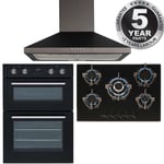 SIA Double Built In Electric Fan Oven, 5 Burner Gas On Glass Hob & Chimney Hood