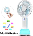 Dfjhure Handheld Fan, Mini Hand Held Fan with 7 Color LED Light Base, 2000mAh Battery Operated USB Rechargeable Desk Fan, 3 Speeds Electric Portable Personal Cooling Fan for Home Office Travel (Blue)