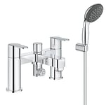GROHE Get - 2 Handle Bathtub Mixing Tap Filler with Wall Holder Set (Deck Mounted, 2 Hole Installation with Centre Distance 180 mm, 2 Sprays Hand Shower 10 cm, Shower Hose 1.5 m), Chrome, 25177000