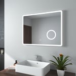 Miroir de salle de bain led avec Loupe 3 Fois 80x60cm Loupe 3x, Interrupteur Tactile, Anti-buée Lumière Blanche Froide - Emke