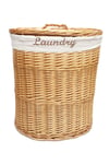 Oval Wicker Laundry Basket Bin Cotton Lining Lid Medium 32 x 42 x 49cm