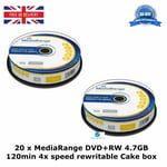 20 x MediaRange DVD+RW 120min 4x speed Blank Discs 4.7GB Rewritable New Cake Box
